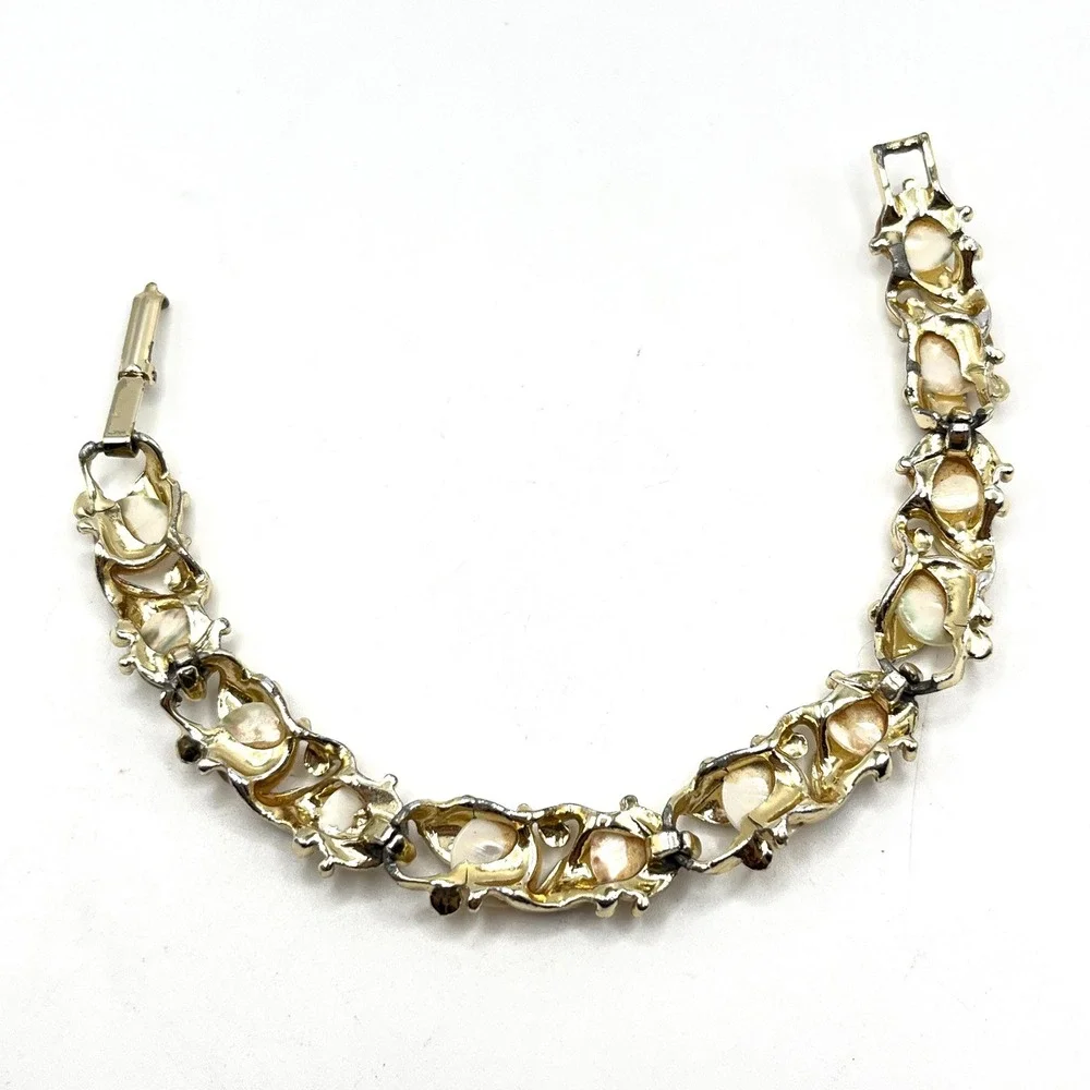 Vintage Black Enamel and Mother of Pearl Shell Inlay MCM Gold Tone Link Bracelet